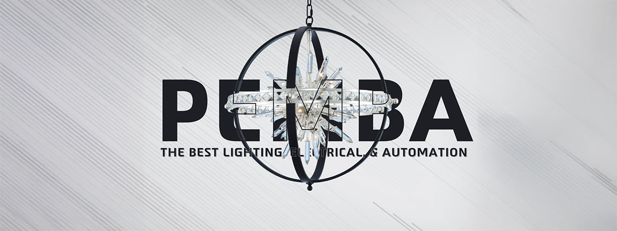 Word in big letters spell Pemba - with a crystal chandelier in the foreground